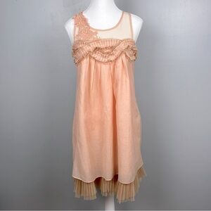 Ryu Anthropologie peach cotton silk yoke dress w/sheer & appliqué trim, small.